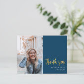 ブルーモダン金ゴールドスクリプト写真卒業ありがとう ポストカード (スタンド正面)