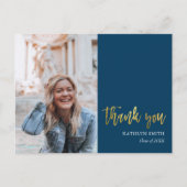 ブルーモダン金ゴールドスクリプト写真卒業ありがとう ポストカード (正面)