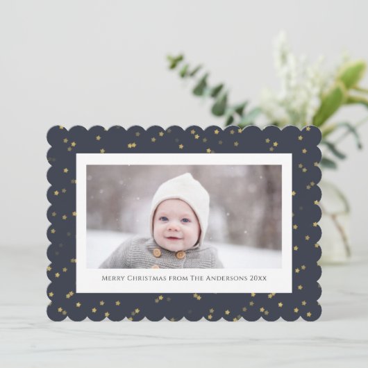 ブルーモダン金ゴールドスター《写真》ぼけ味オーバーレイミニマリスト シーズンカード (スタンド正面)