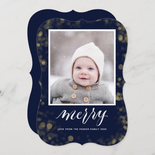 ブルーモダン金ゴールドスノーフレーク《写真》ぼけ味ミニマリスト写真 シーズンカード (正面/裏面)