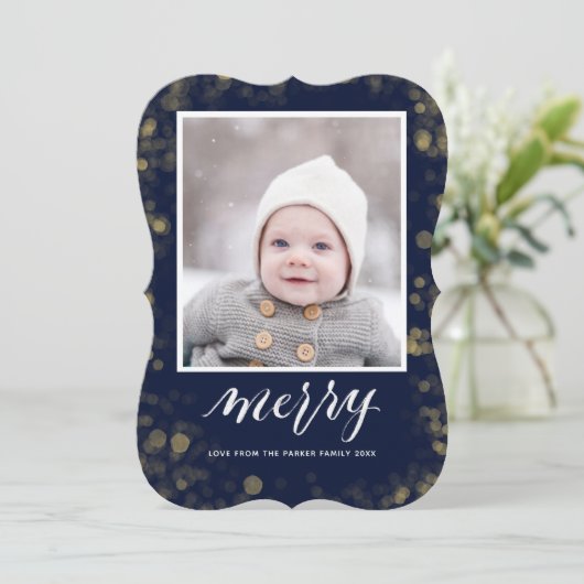 ブルーモダン金ゴールドスノーフレーク《写真》ぼけ味ミニマリスト写真 シーズンカード (スタンド正面)