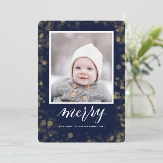 ブルーモダン金ゴールドスノーフレーク《写真》ぼけ味ミニマリスト写真 シーズンカード (スタンド正面)