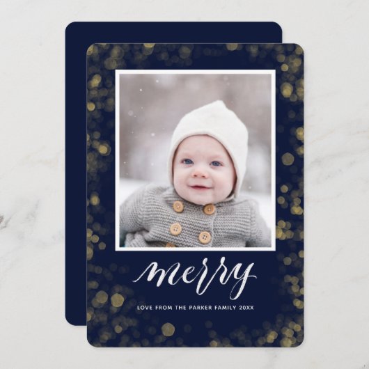 ブルーモダン金ゴールドスノーフレーク《写真》ぼけ味ミニマリスト写真 シーズンカード (正面/裏面)