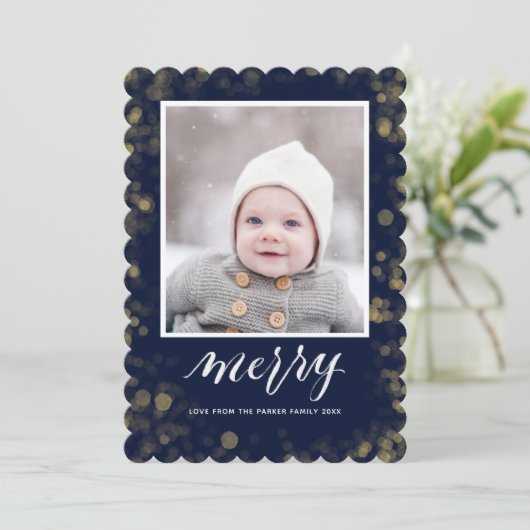 ブルーモダン金ゴールドスノーフレーク《写真》ぼけ味ミニマリスト写真 シーズンカード (スタンド正面)