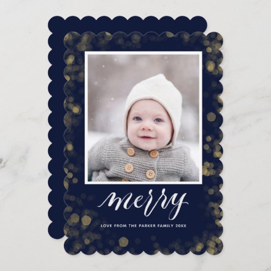 ブルーモダン金ゴールドスノーフレーク《写真》ぼけ味ミニマリスト写真 シーズンカード (正面/裏面)