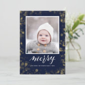 ブルーモダン金ゴールドスノーフレーク《写真》ぼけ味ミニマリスト写真 シーズンカード (スタンド正面)