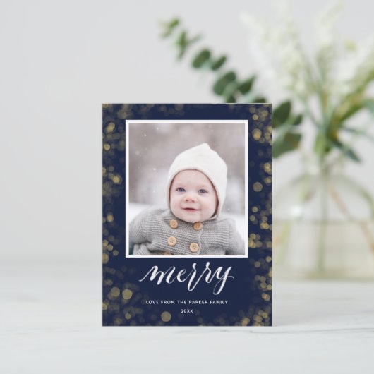 ブルーモダン金ゴールドスノーフレーク《写真》ぼけ味ミニマリスト写真 シーズンポストカード (スタンド正面)