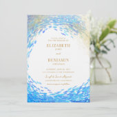 ブルーモダン金ゴールドスプラッシュサーファー波ビーチ結婚式 招待状 (スタンド正面)