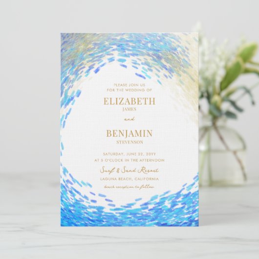 ブルーモダン金ゴールドスプラッシュサーファー波ビーチ結婚式 招待状 (スタンド正面)