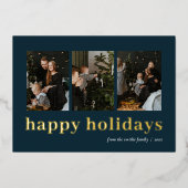 ブルーモダン金ゴールドタイポグラフィハッピーホリデーズフォト 箔シーズンカード (正面)