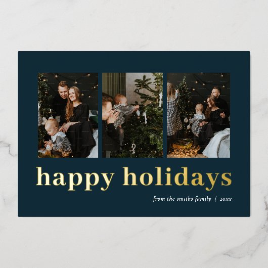 ブルーモダン金ゴールドタイポグラフィハッピーホリデーズフォト 箔シーズンカード (正面)