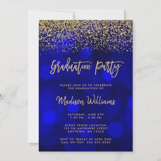 ブルーモダン金ゴールドフェイクグリッター卒業パーティー 招待状 (正面)