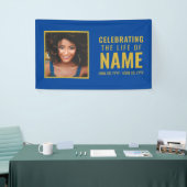 ブルーモダン金ゴールドフォトお祝いのライフ 横断幕 (トレードショー)