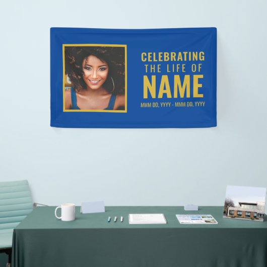 ブルーモダン金ゴールドフォトお祝いのライフ 横断幕 (トレードショー)