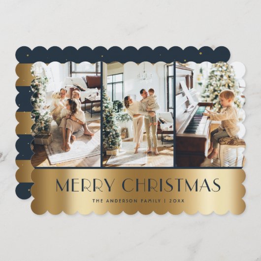 ブルーモダン金ゴールドフォトコラージクリスマスカード シーズンカード (正面/裏面)
