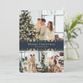 ブルーモダン金ゴールドフォトメリーエレガントクリスマス シーズンカード (スタンド正面)