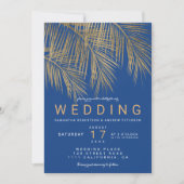 ブルーモダン金ゴールドヤシの木のエレガントな結婚式 招待状 (正面)