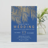 ブルーモダン金ゴールドヤシの木のエレガントな結婚式 招待状 (スタンド正面)