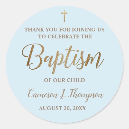 ブルーモダン金ゴールド名男の赤ちゃんバプテスマ ラウンドシール (正面)