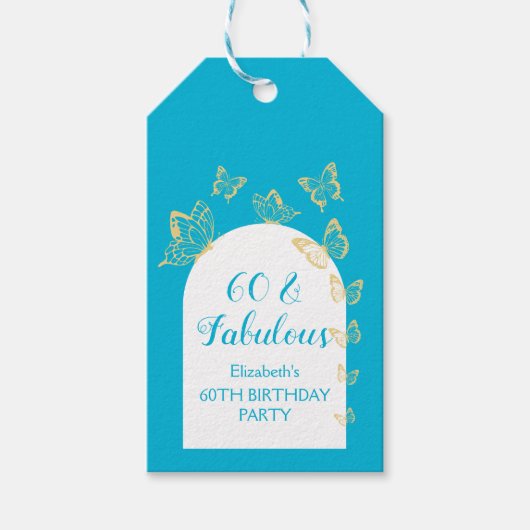 ブルーモダン金ゴールド蝶の素晴らしい誕生日 ギフトタグ (正面)