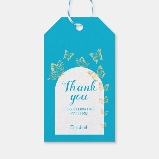 ブルーモダン金ゴールド蝶の素晴らしい誕生日 ギフトタグ (裏面)