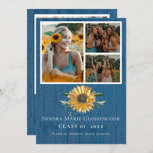 ブルーモダン4フォトコラージュひまわり卒業 案内状 (正面/裏面)
