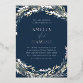 ブルーモダン&シルバーボタニッ結婚クス 箔招待状 (正面)