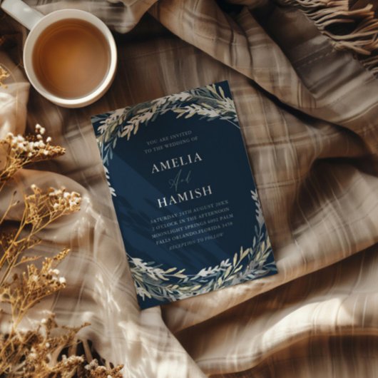 ブルーモダン&シルバーボタニッ結婚クス 箔招待状