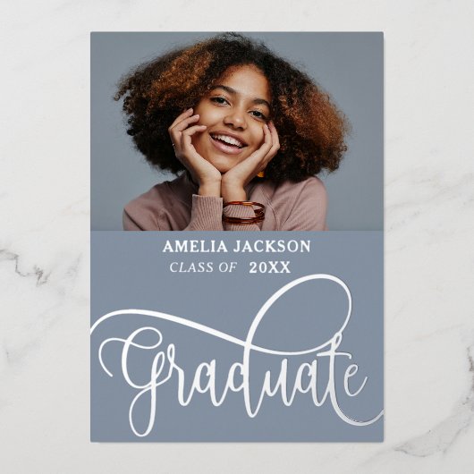 ブルーモダン&シルバー写真部卒業生 箔招待状 (正面)