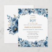 ブルーモダン フラワール ウォーターカラー ベイビー シャワー 招待状 (正面/裏面)
