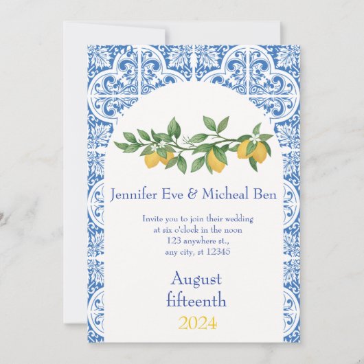 ブルーモダン&ホワイトタイルレモンズ結婚ーズ 招待状 (正面)