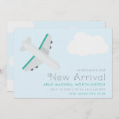 ブルーモダン&ホワイト飛行機男の赤ちゃん誕生 案内状 (正面/裏面)
