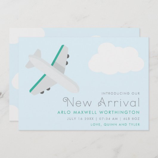 ブルーモダン&ホワイト飛行機男の赤ちゃん誕生 案内状 (正面/裏面)