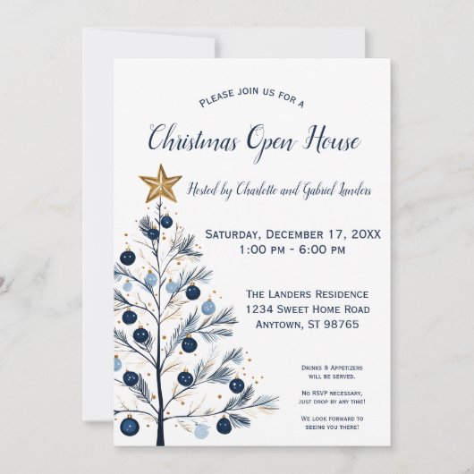 ブルーモダン&金ゴールドクリスマスツリーオープンハウス シーズンカード (正面)