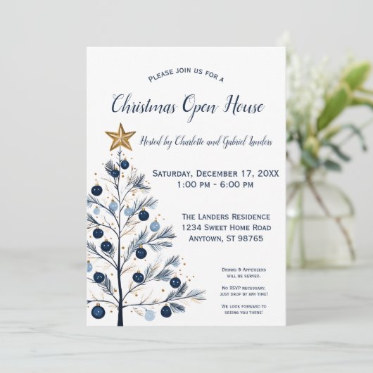 ブルーモダン&金ゴールドクリスマスツリーオープンハウス シーズンカード (スタンド正面)