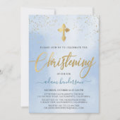 ブルーモダン&金ゴールドボーイ《キリスト教》洗礼式や命名式招待状 招待状 (正面)