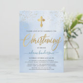 ブルーモダン&金ゴールドボーイ《キリスト教》洗礼式や命名式招待状 招待状 (スタンド正面)