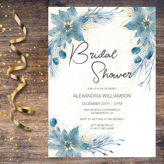 ブルーモダン&金ゴールドポインセチアブライダルシャワー 招待状