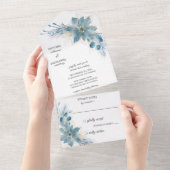 ブルーモダン&金ゴールドポインセティアオンホワイト オールインワン招待状 (貼ってはがせる)