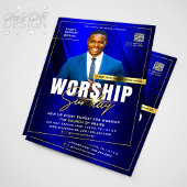 ブルーモダン&金ゴールド教会の礼拝サンデーサービス チラシ