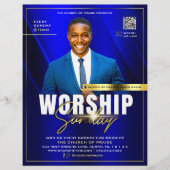 ブルーモダン&金ゴールド教会の礼拝サンデーサービス チラシ (正面)