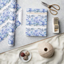 ブルーモノクロフラワーラッピング紙 ラッピングペーパー