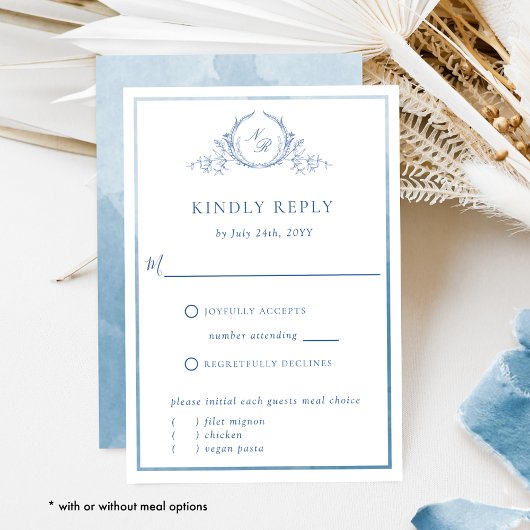ブルーモノグラムと水彩エレガントな結婚式RSVP 出欠カード