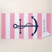 ブルーモノグラムのいかりオンピンクストライプズ ビーチタオル (正面)