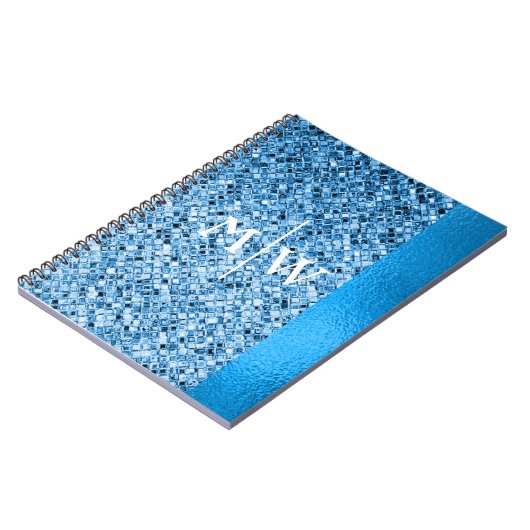 ブルーモノグラムのエレガントグリッタールックラグジュアリー ノートブック (左側)