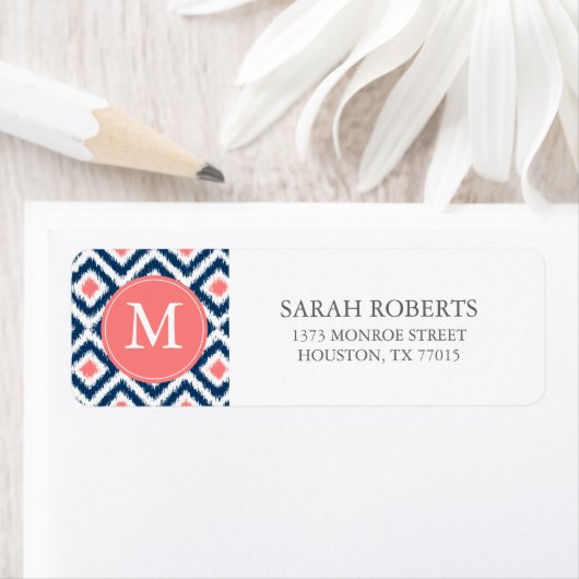 ブルーモノグラムのコーラルダイヤモンドイカットパターン ラベル (インサイチュ)