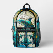 ブルーモノグラムのティール（緑がかった色）ドルフィンステイングラスルック プリントバックパック (正面)