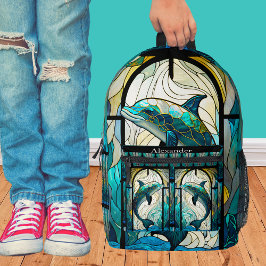 ブルーモノグラムのティール（緑がかった色）ドルフィンステイングラスルック プリントバックパック