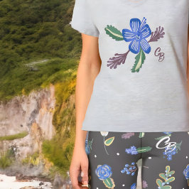 ブルーモノグラムのハイビスカスヨガフィットネストップ Tシャツ