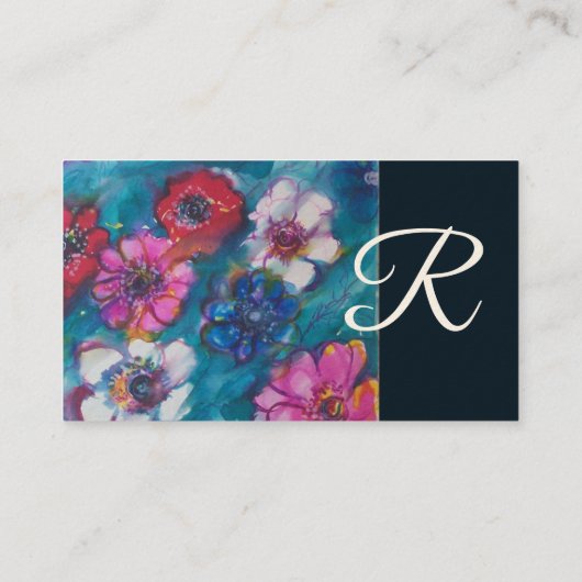 ブルーモノグラムの赤ピンクの白い花フローラ 名刺 (裏面)